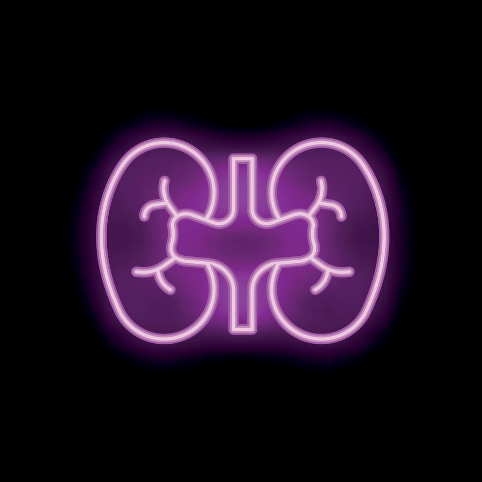 Neon style icon of human kidneys glowing on black background vector