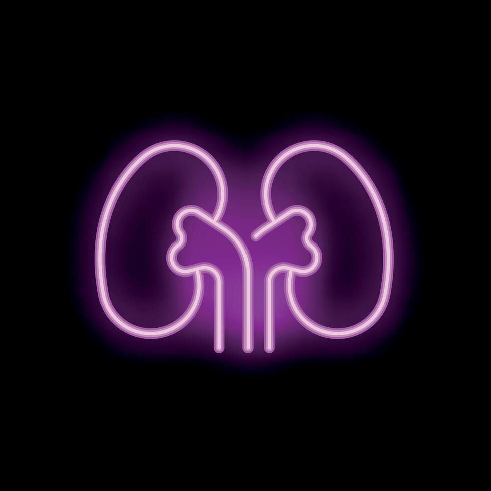 Neon style icon of human kidneys glowing on black background vector