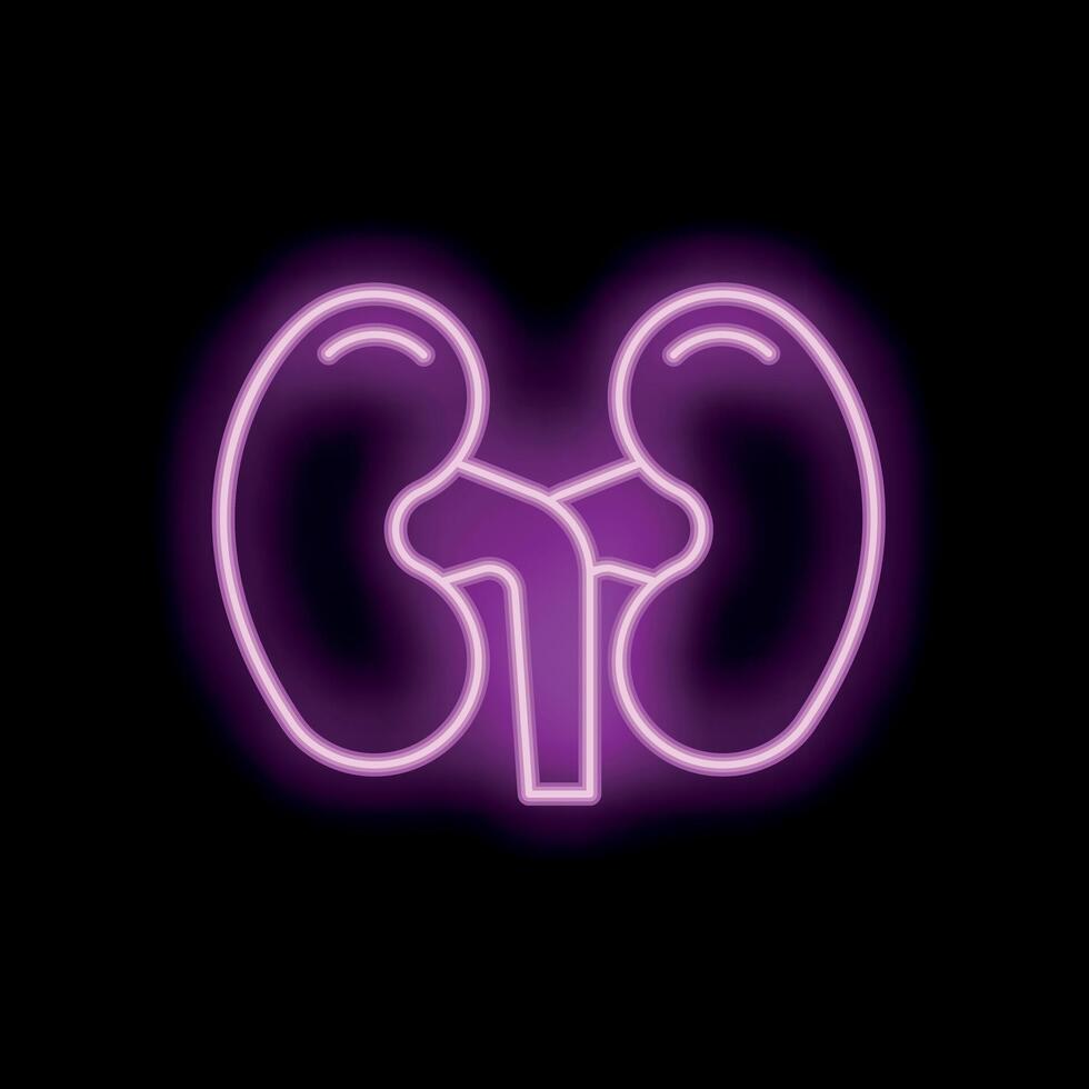 Neon icon of human kidneys glowing on black background vector