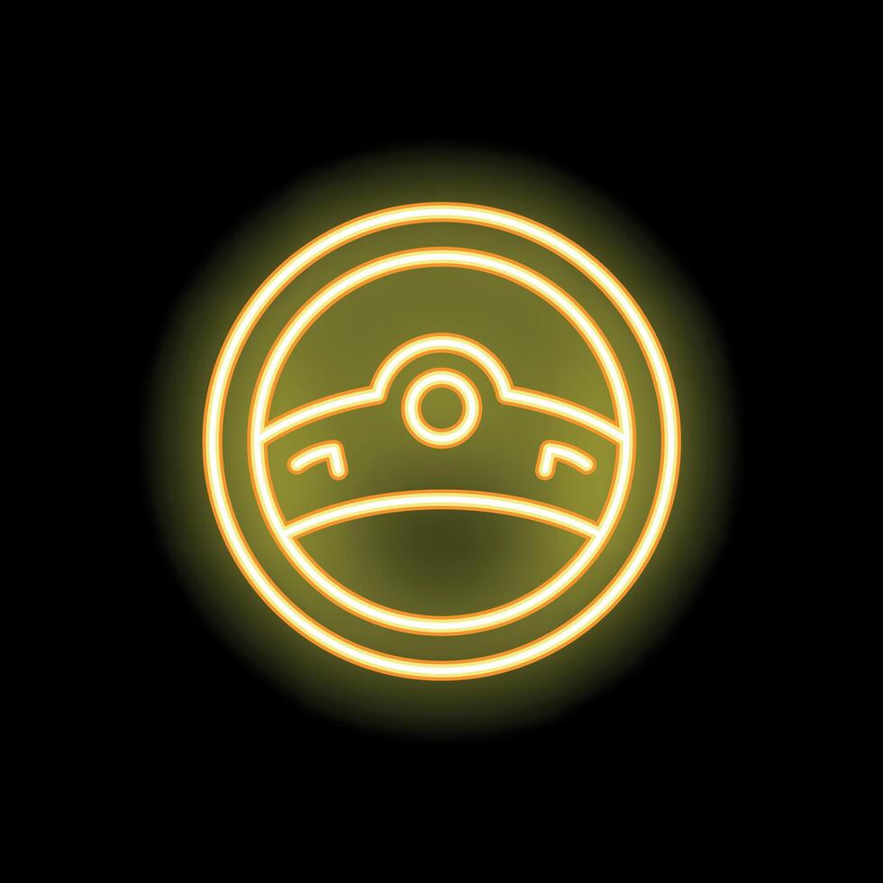 Yellow neon sign icon of steering wheel on black background vector