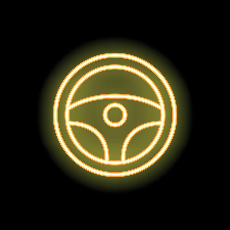 Yellow neon sign steering wheel on black background vector