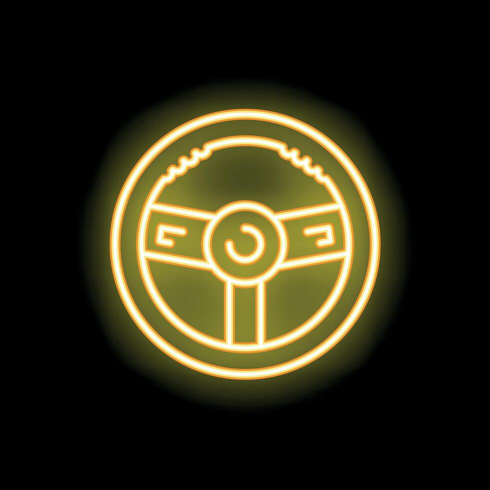 Yellow neon steering wheel glowing on black background vector