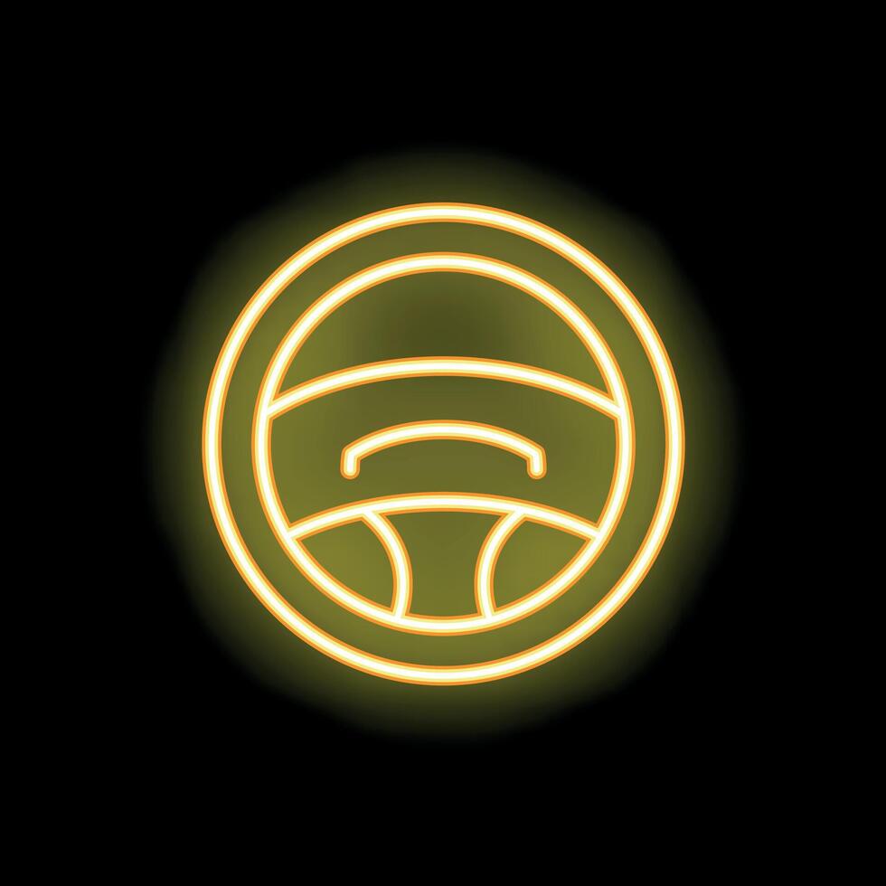 Yellow neon sign depicting steering wheel on black background vector