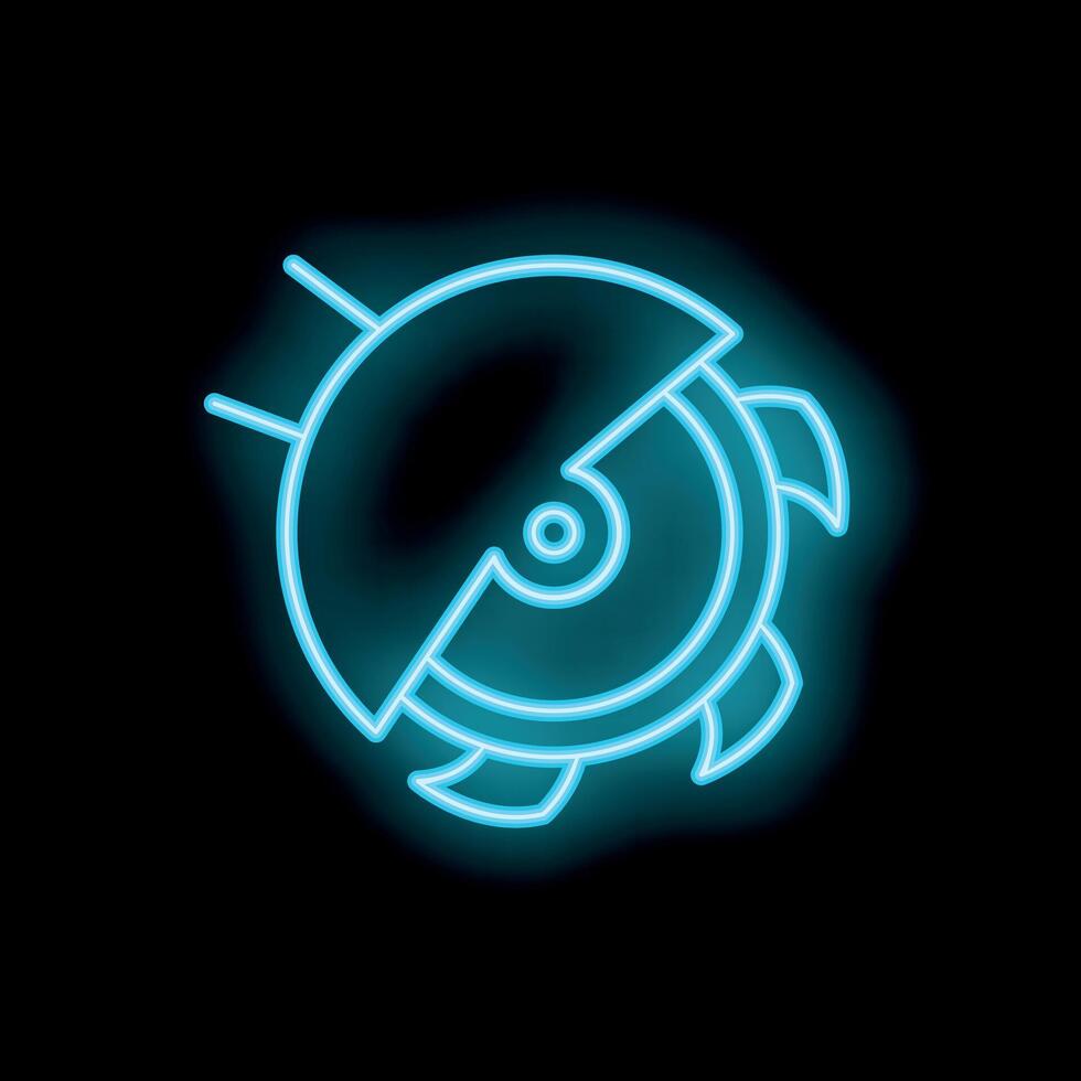 Neon icon of circular saw blade glowing blue on black background vector