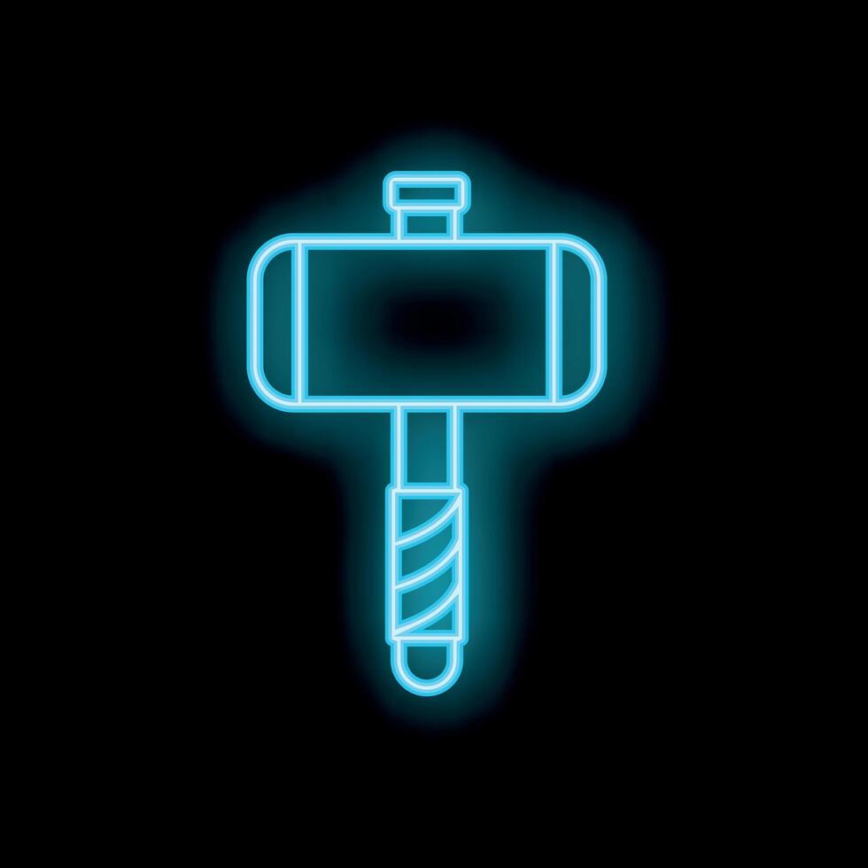 Glowing neon blue hammer icon illustrating construction tools and power on black background vector