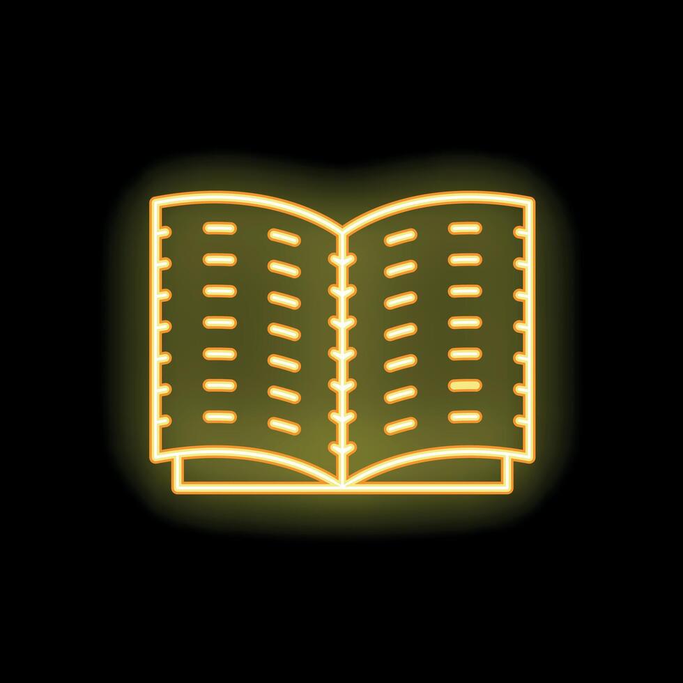 Open book glowing with neon yellow light on black background vector