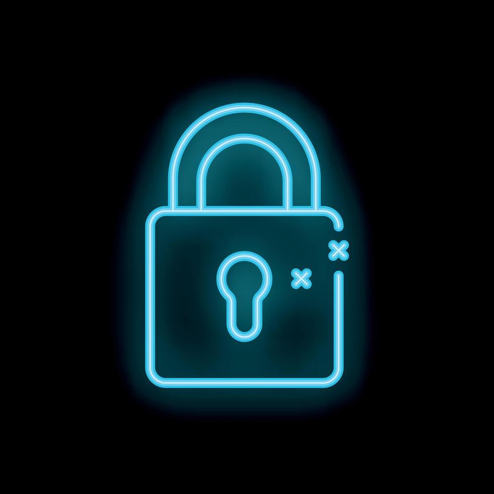 Neon blue padlock glowing on black background vector