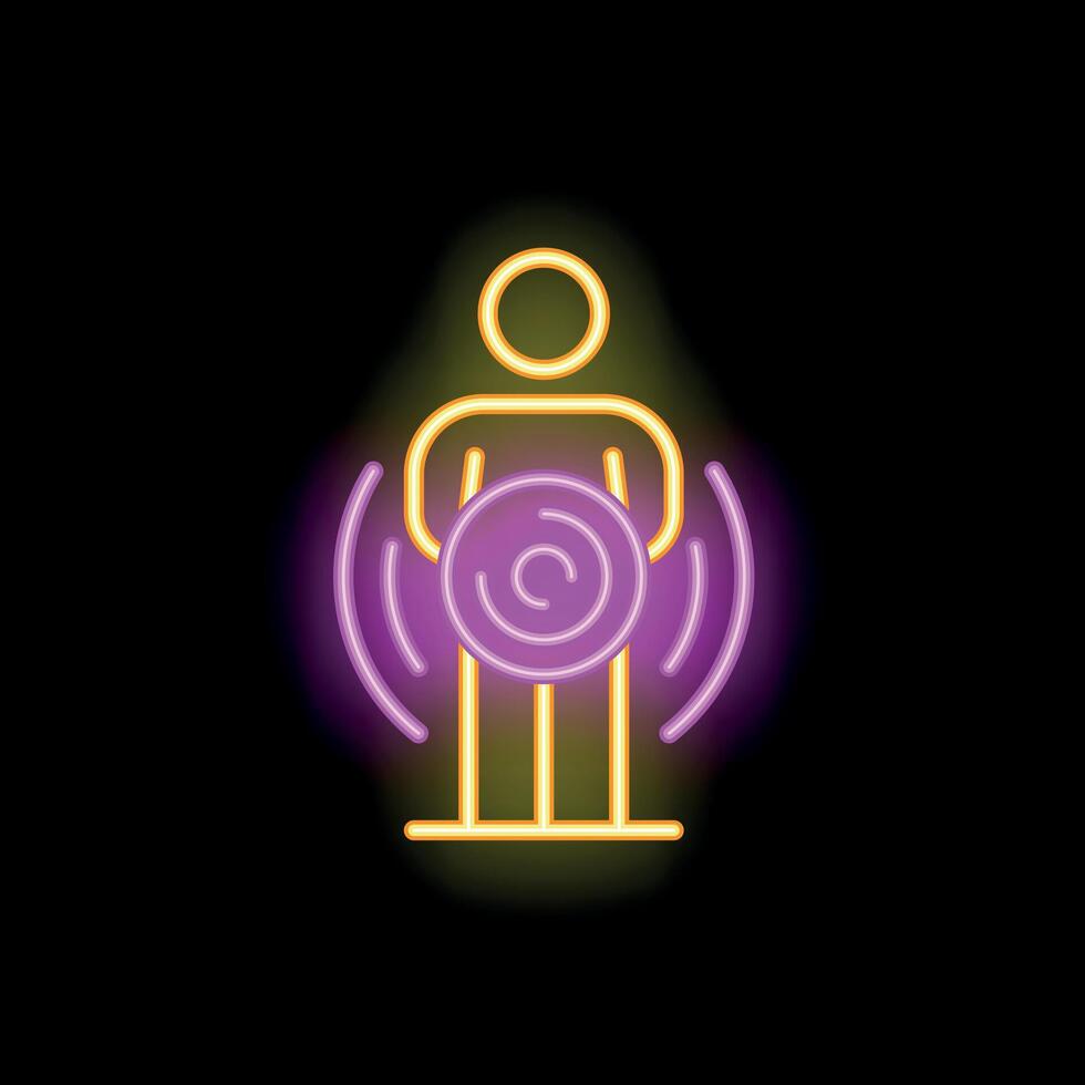 Neon sign of a person holding a glowing orb with energy waves vector