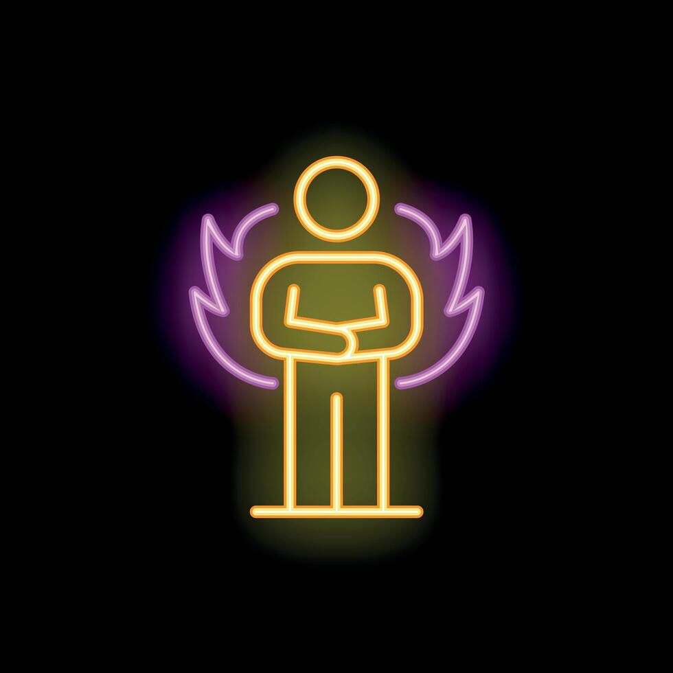 Neon sign showing man standing with crossed arms surrounded by fire vector