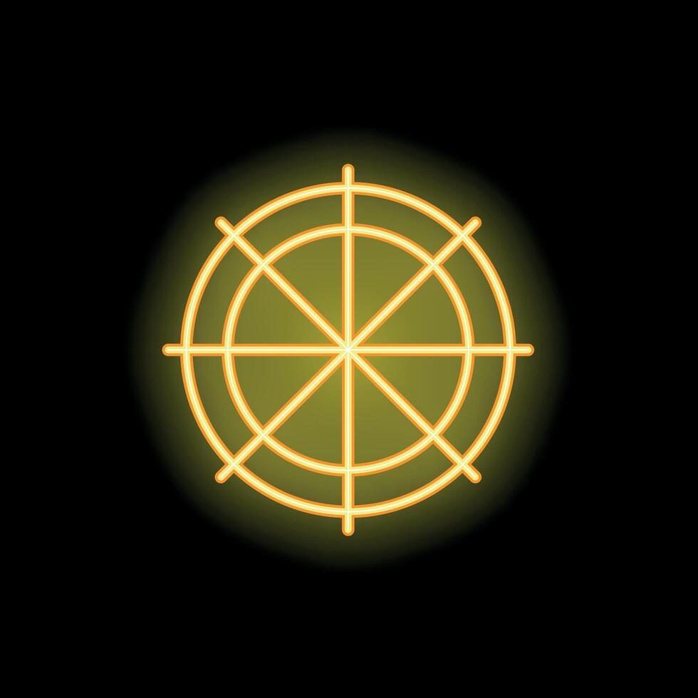 Neon yellow ship steering wheel glowing on black background vector