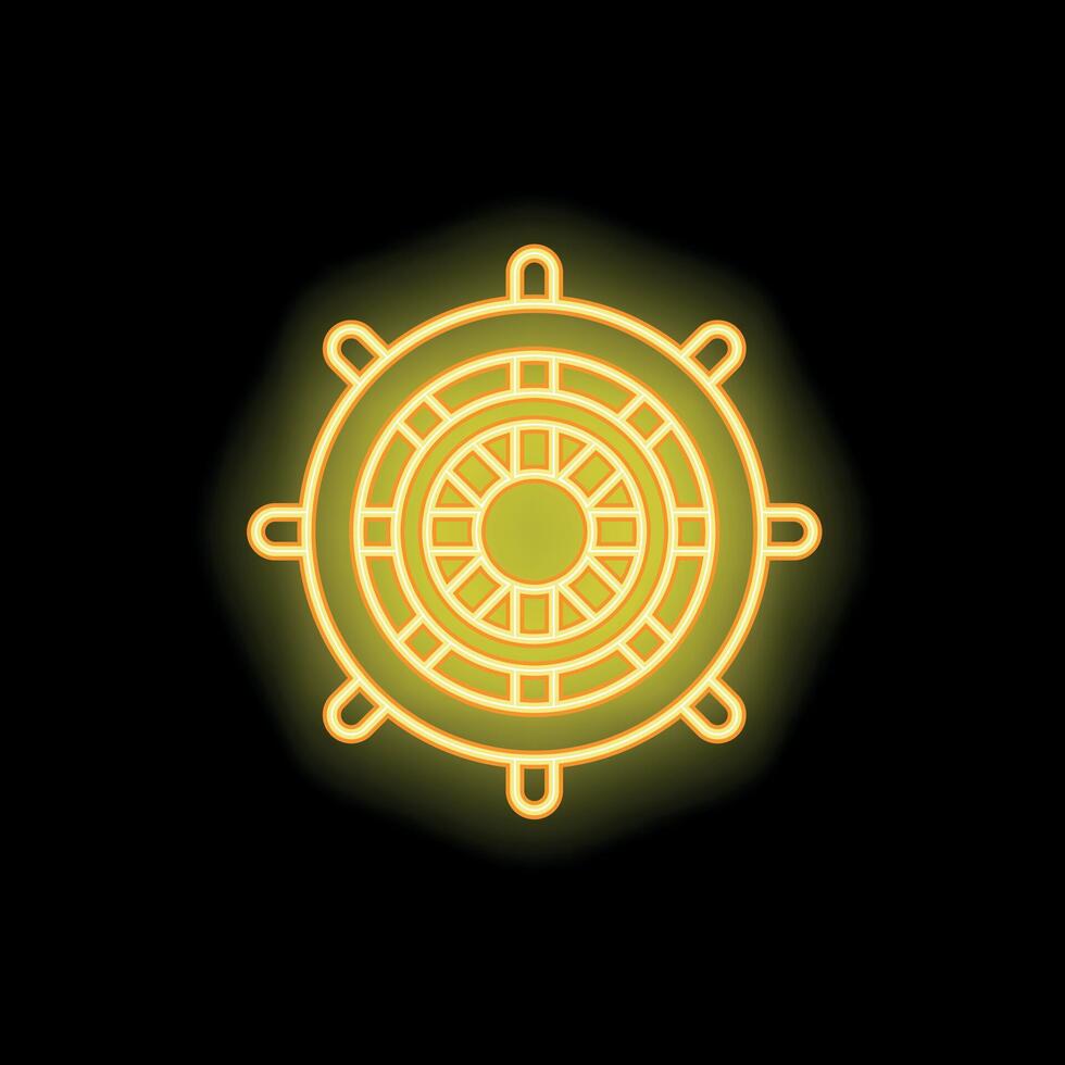 Yellow neon ship steering wheel glowing on black background vector