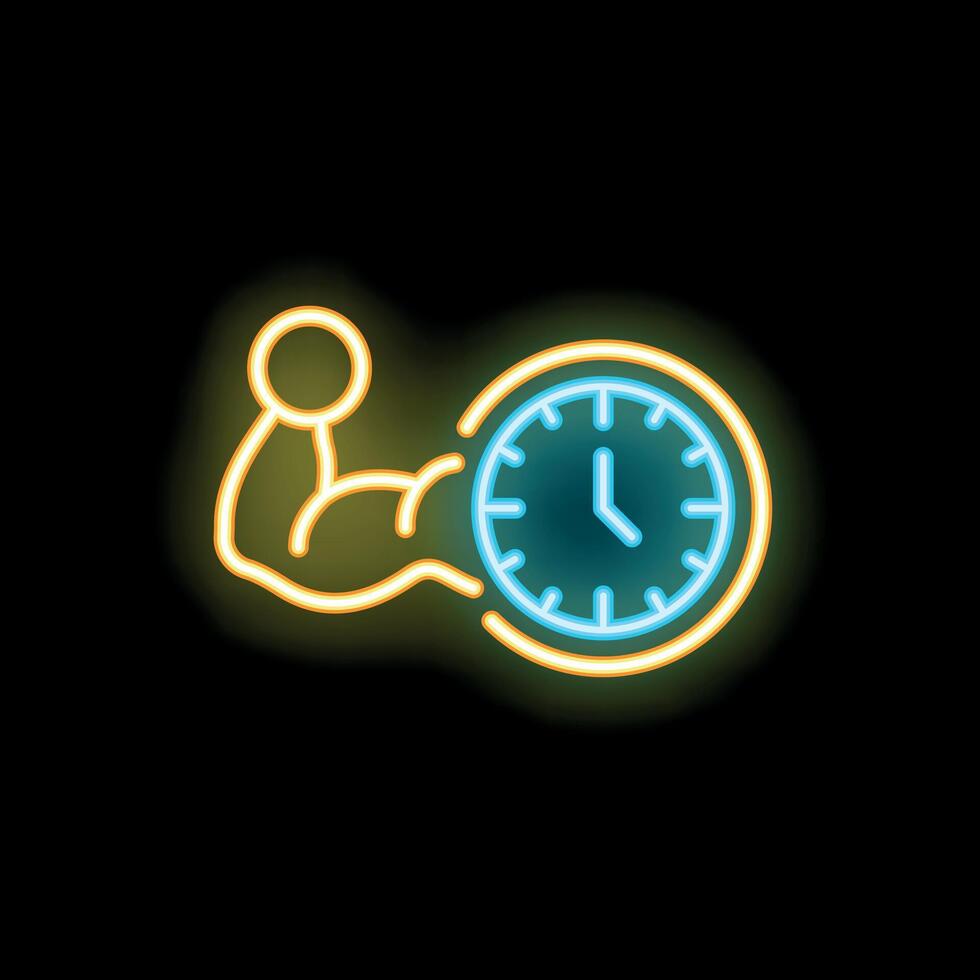 Neon sign showing strong arm lifting a clock with its hand vector