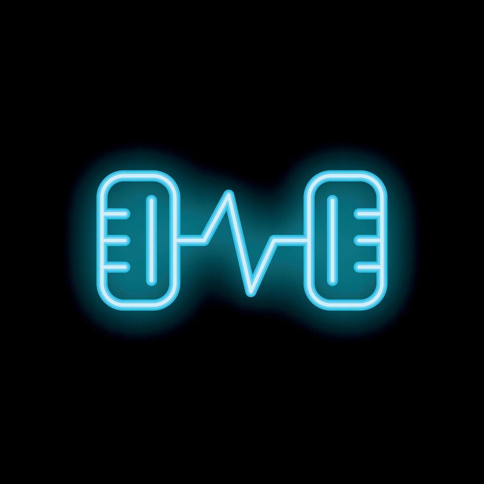 Blue neon dumbbell icon glowing against a black background vector