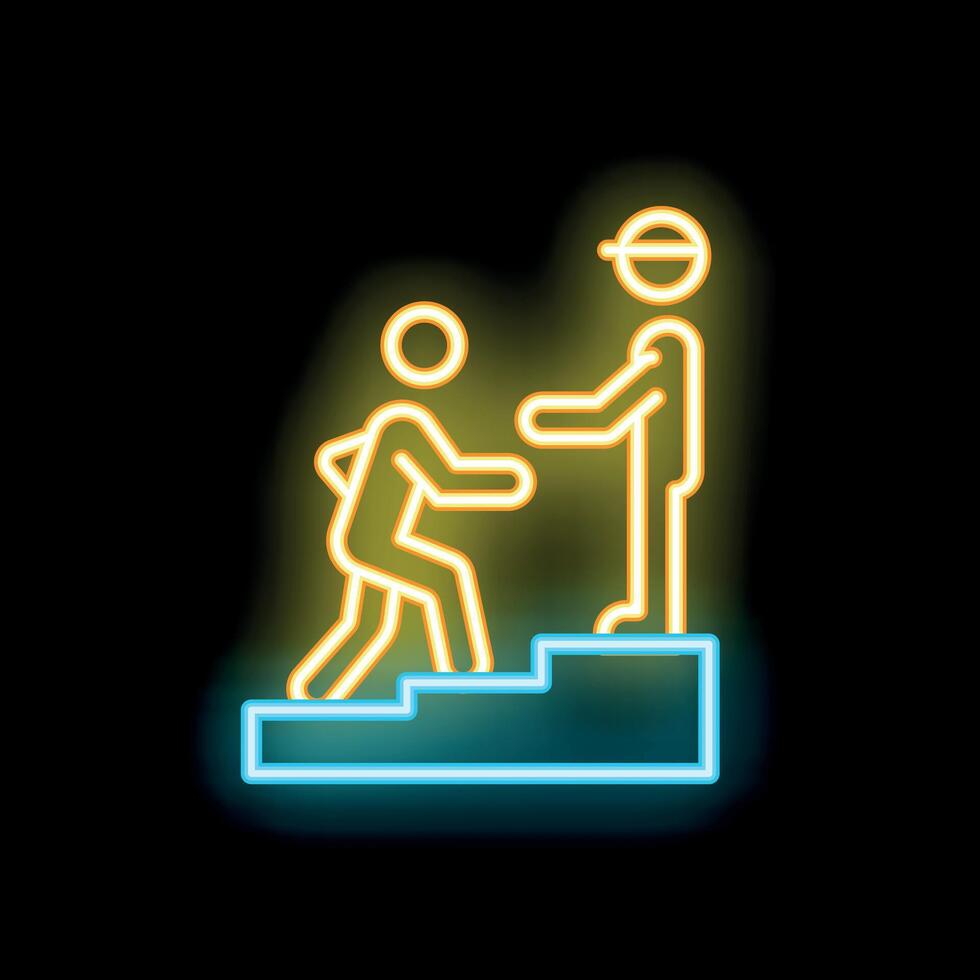Neon icon of businessman helping colleague to climb stairs vector