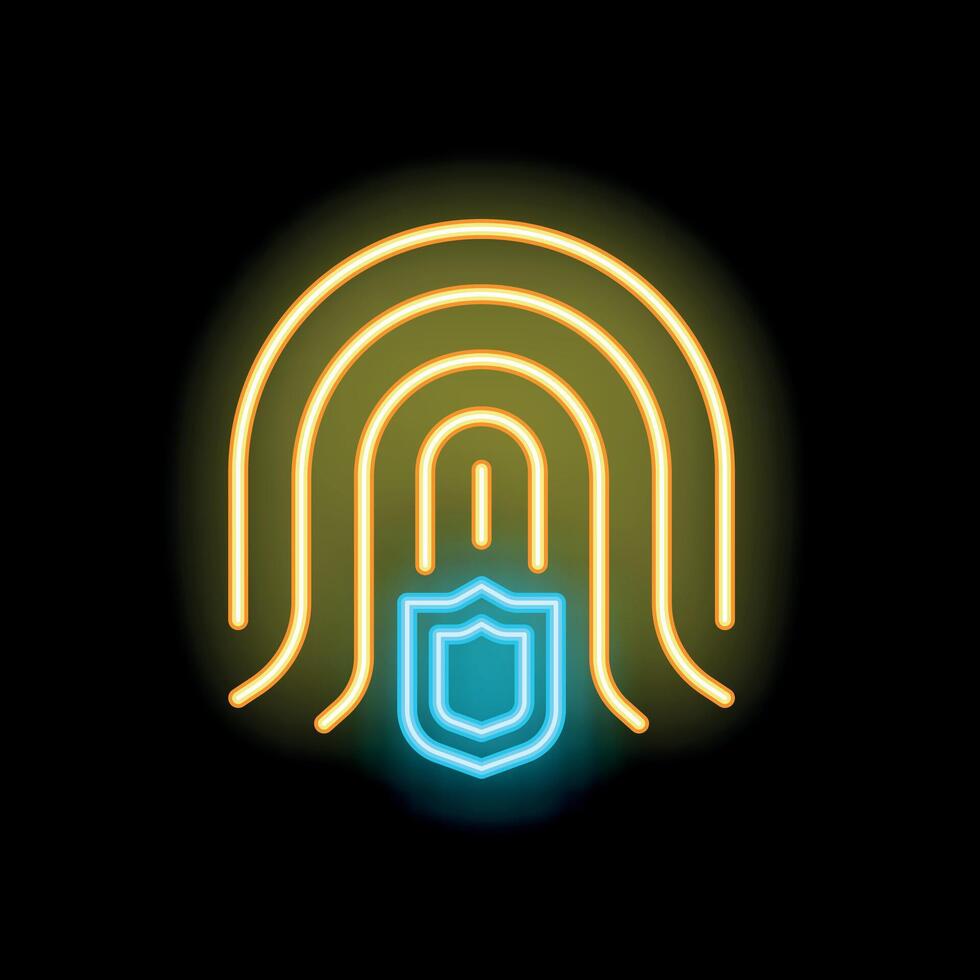 Neon fingerprint security system icon glowing on dark background vector