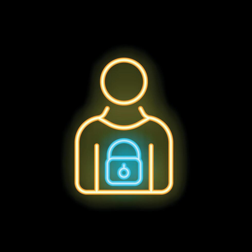 Neon sign of person protecting privacy with padlock vector
