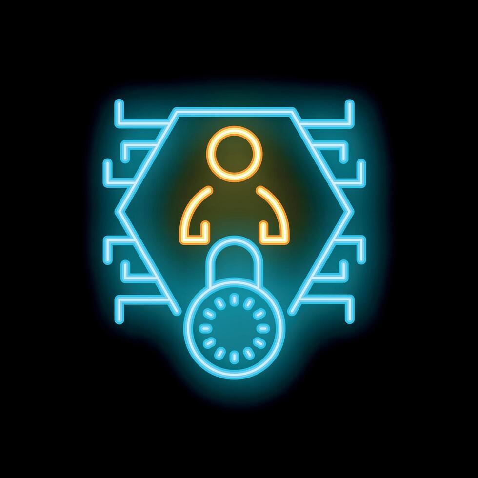 Neon cyber security icon showing user data encryption vector