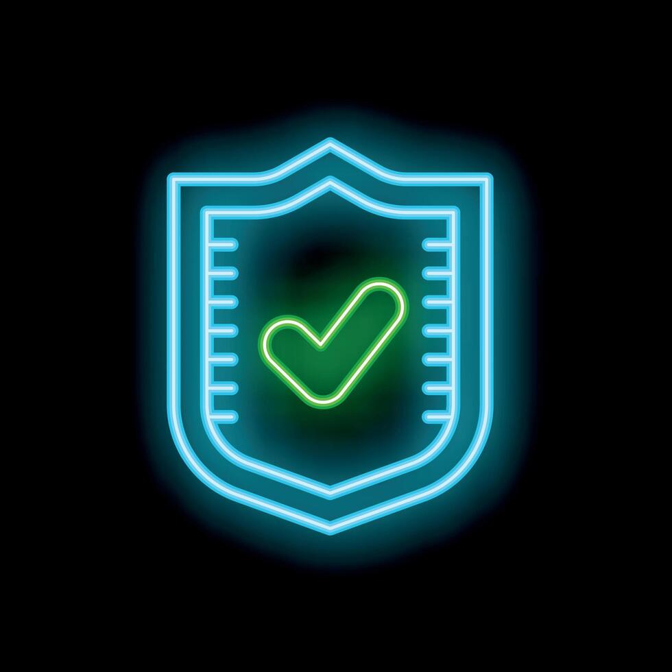 Neon shield showing green tick mark on black background vector