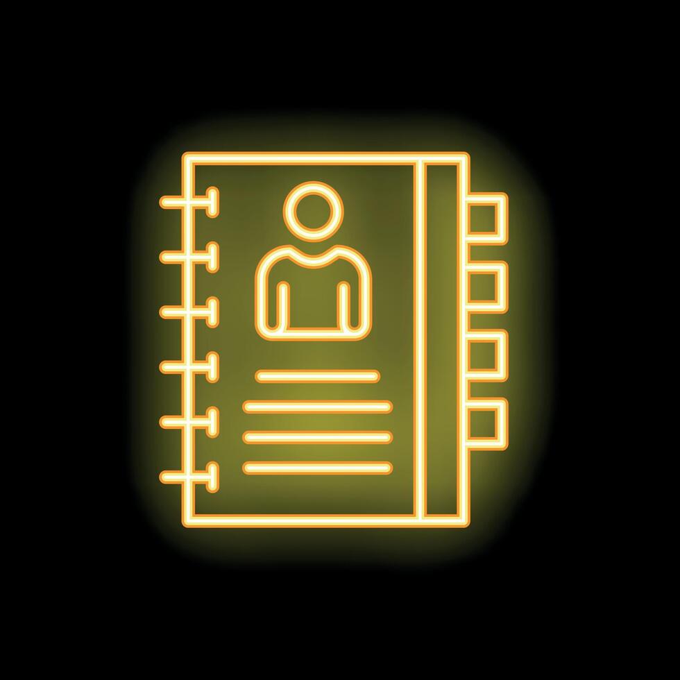 Yellow neon sign of personal notebook with contact information on black background vector