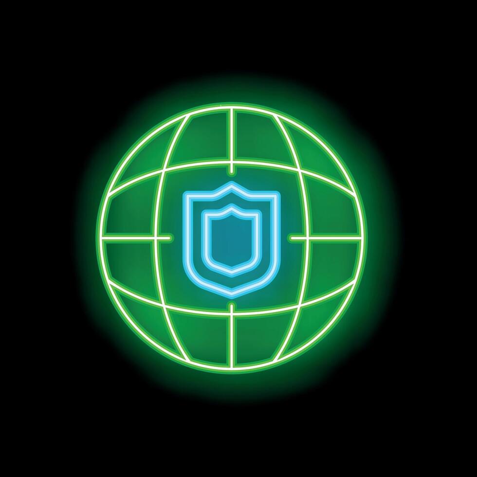 Neon icon of shield protecting earth representing global security vector
