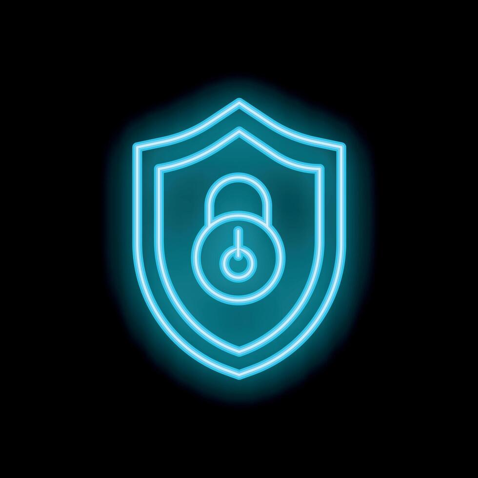 Blue neon shield protecting padlock on black background vector