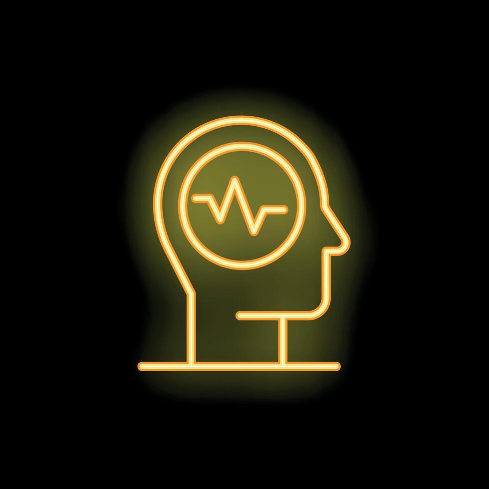 Neon yellow human head with brainwave inside on black background vector