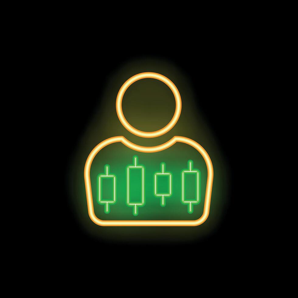Neon icon of person analyzing stock market data with candlestick charts vector