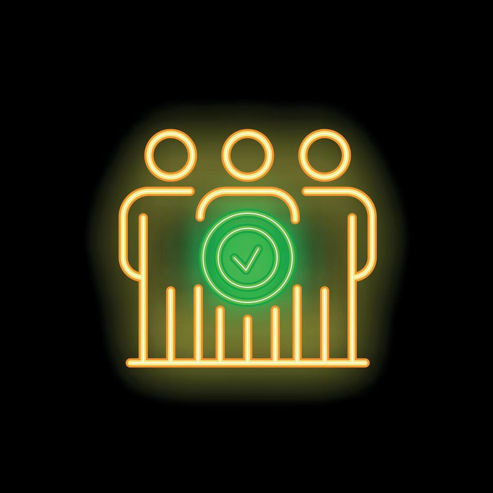 Neon icon of three people standing with green check mark symbol vector