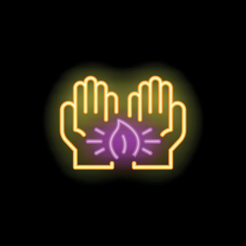 Neon sign of two hands holding a flame representing reiki healing energy vector
