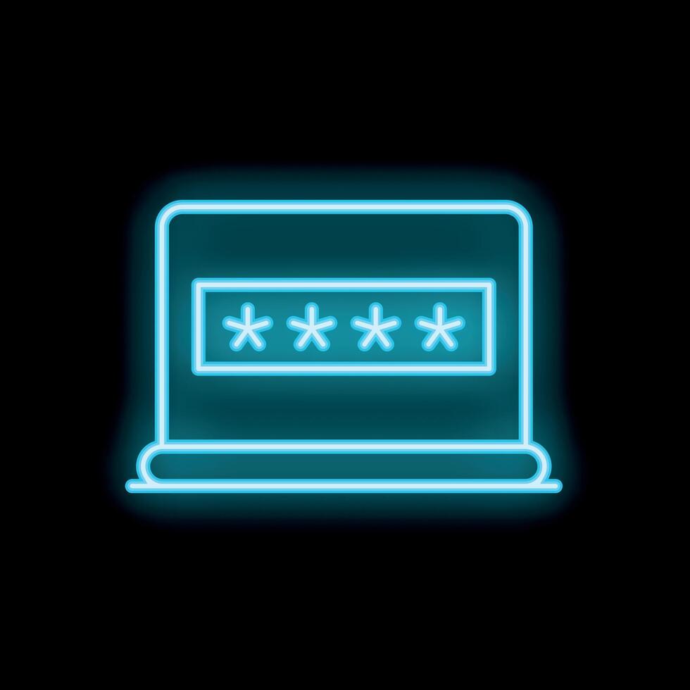 Neon blue laptop showing password protected screen on black background vector