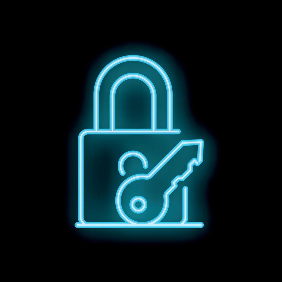 Neon padlock and key shining on black background vector