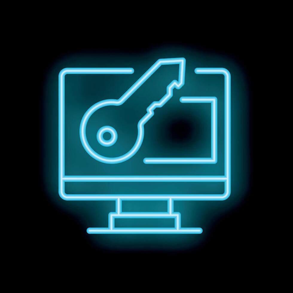 Neon computer icon displaying security key visual concept vector