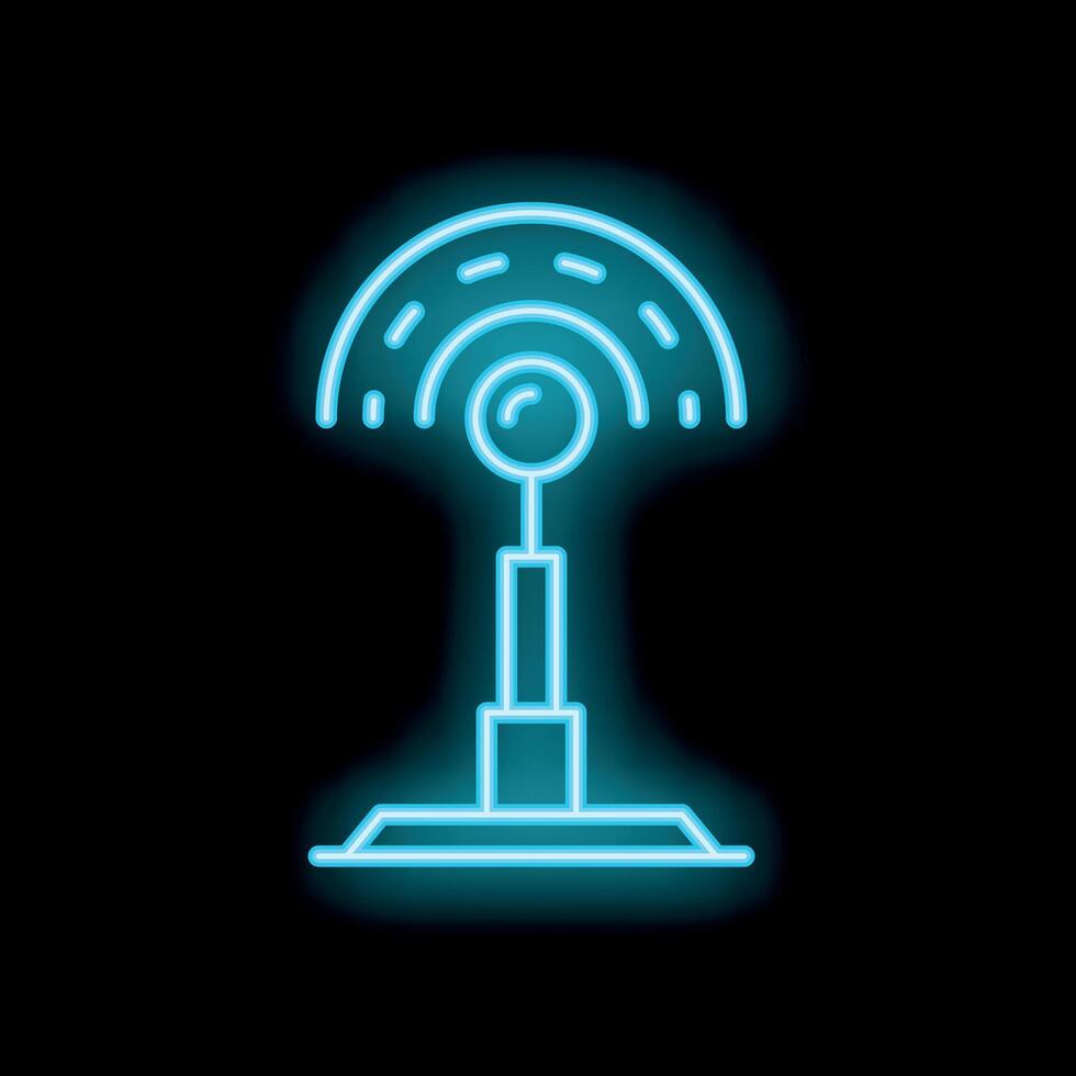 Neon icon of radio tower transmitting signals on black background vector