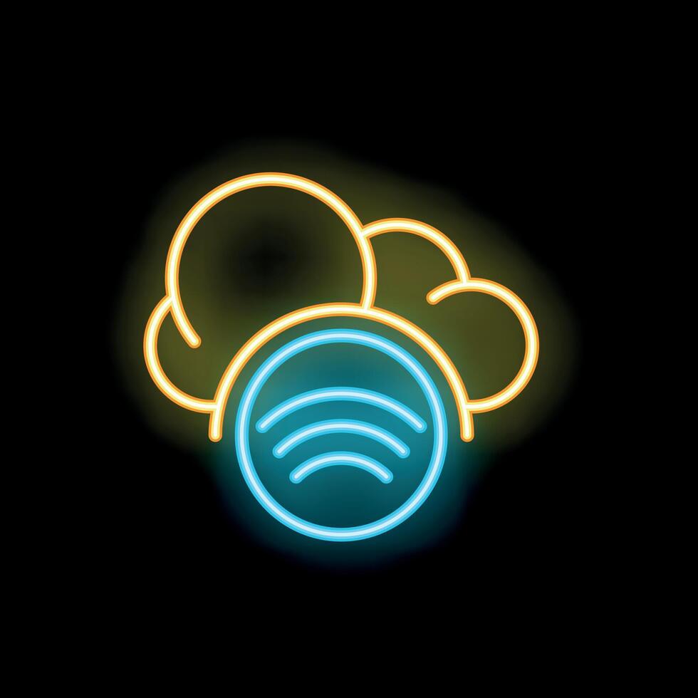 Neon wifi symbol glowing under neon clouds on black background vector