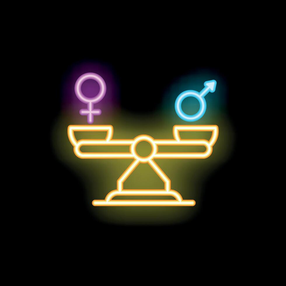 Neon balance scale showing gender equality between men and women vector