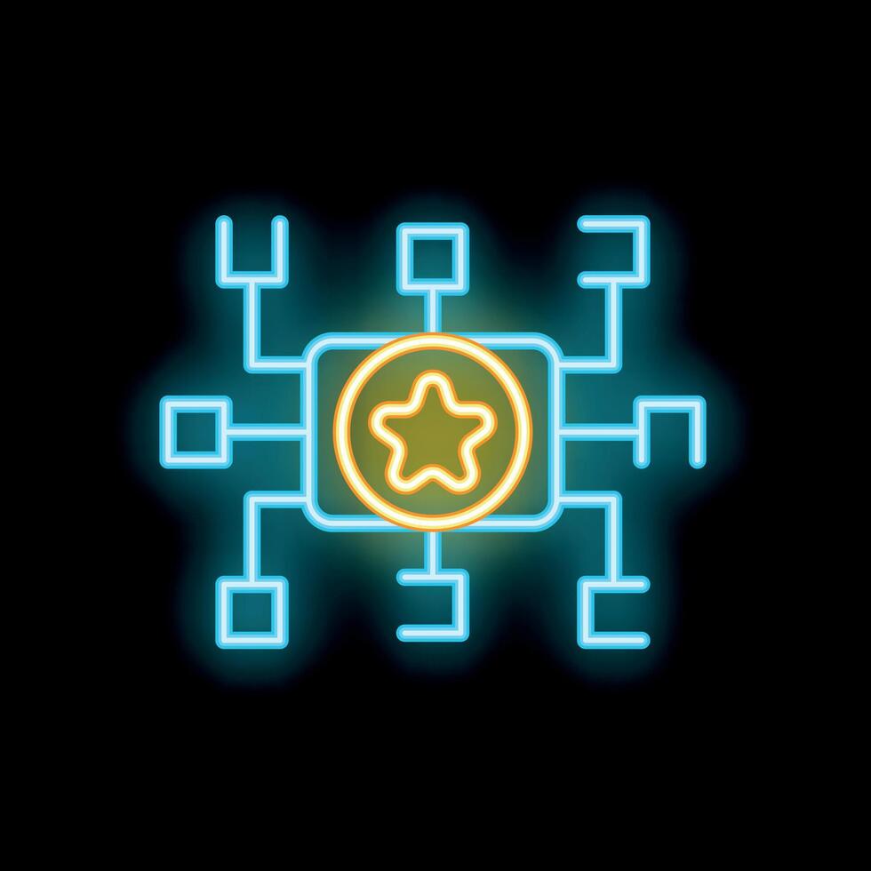 Neon sign showing star shape inside microchip symbolizing nft token vector