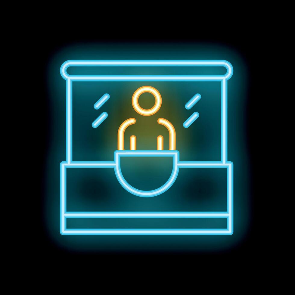 Neon icon of a person standing behind a counter with a protective glass, for business and security concepts vector