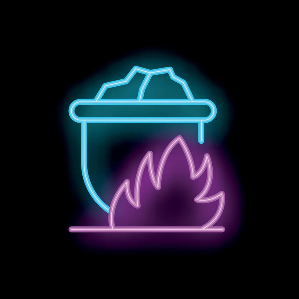 Neon witch cauldron boiling over burning flames icon vector