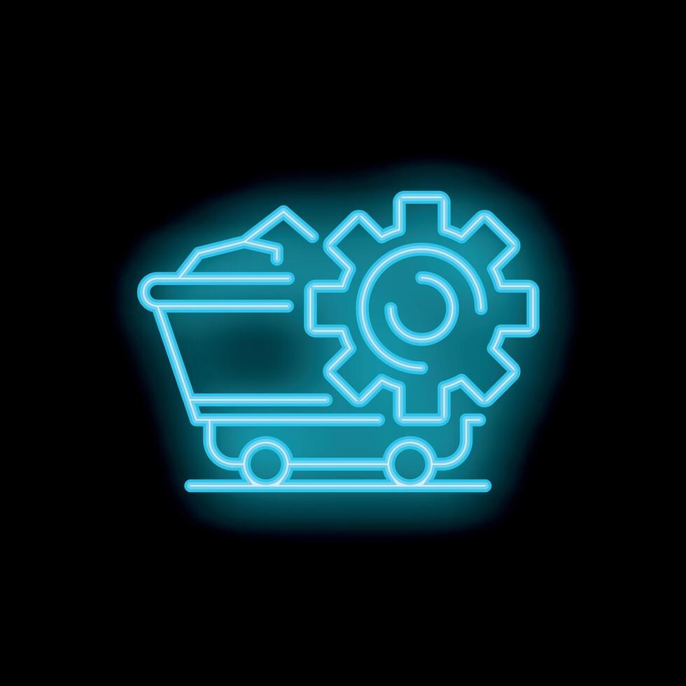 Mining cart and gear neon sign glowing on black background vector