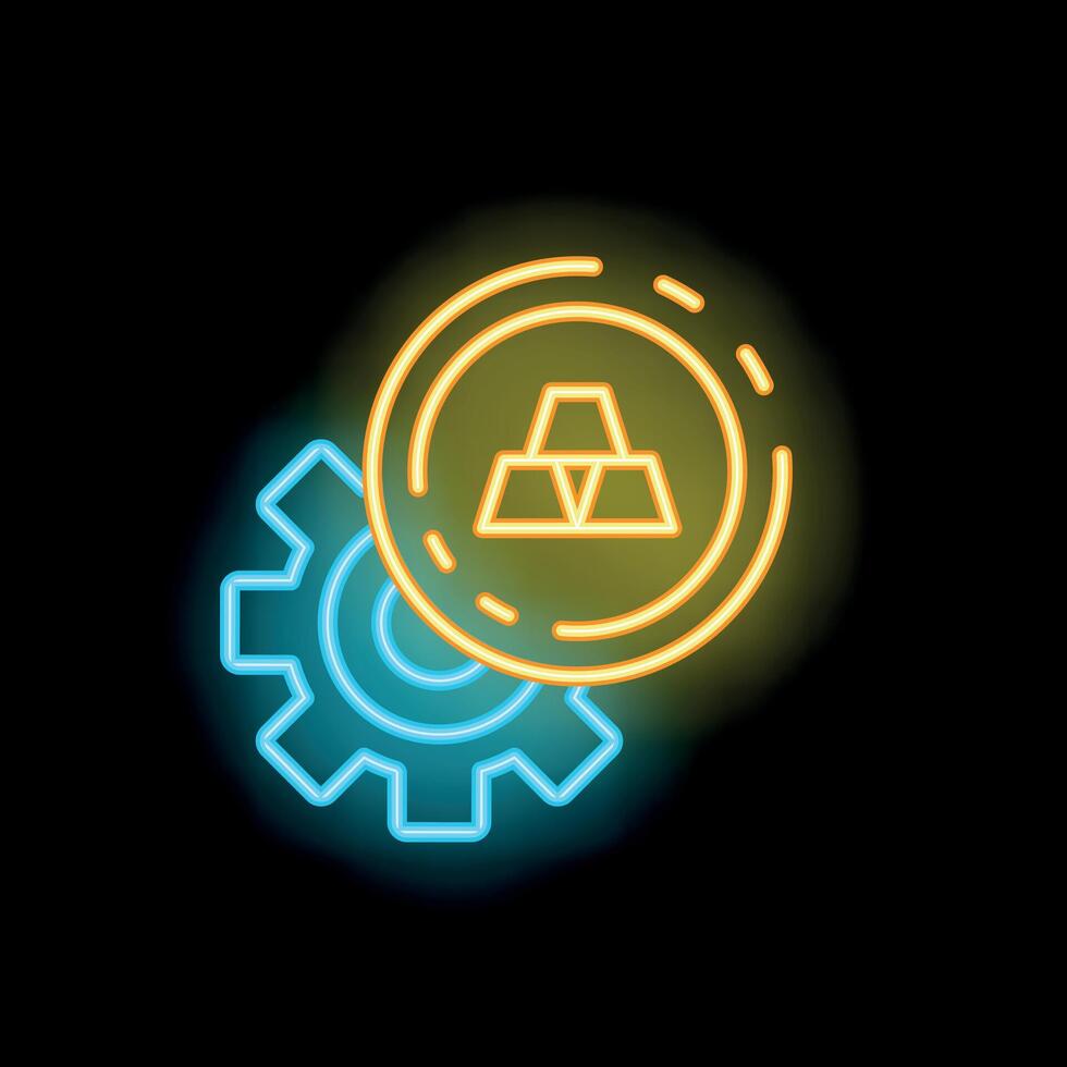 Neon sign representing gold production with gear and gold ingots inside coin vector