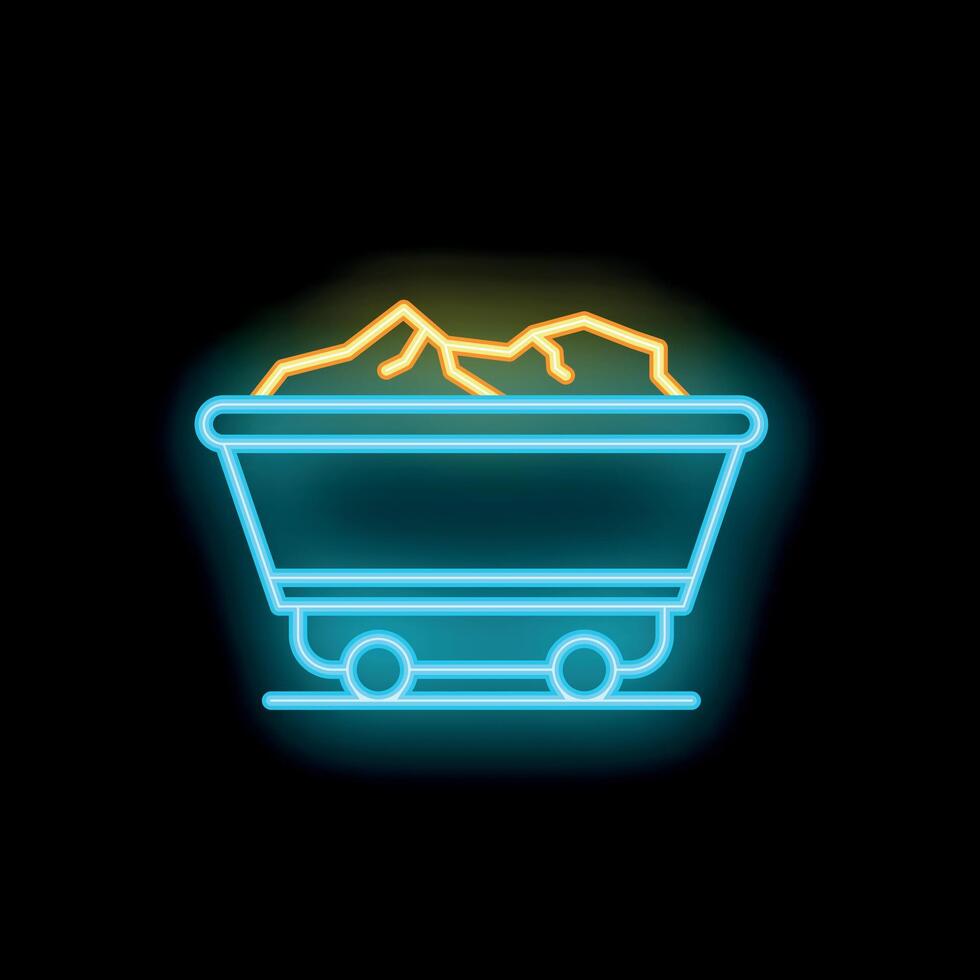 Neon mining cart icon glowing on dark background vector