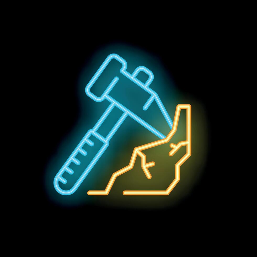 Neon icon of hammer breaking stone representing hard work and mining vector