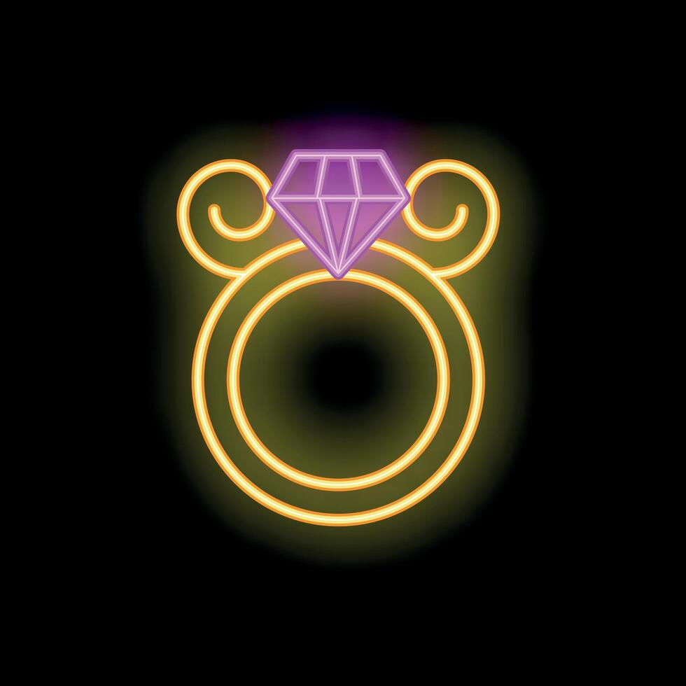 Gold neon ring with a big diamond shining in the dark vector