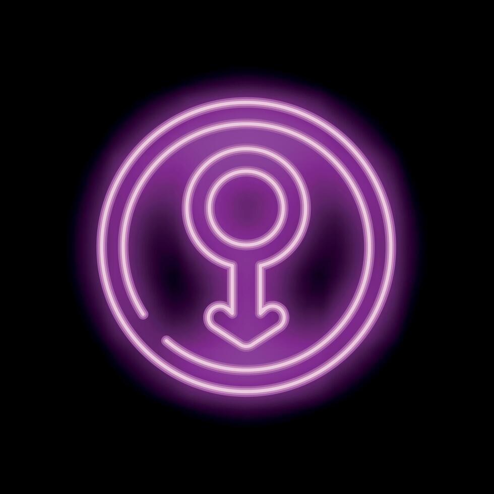 Neon pink female gender symbol with down arrow in circle on black background vector