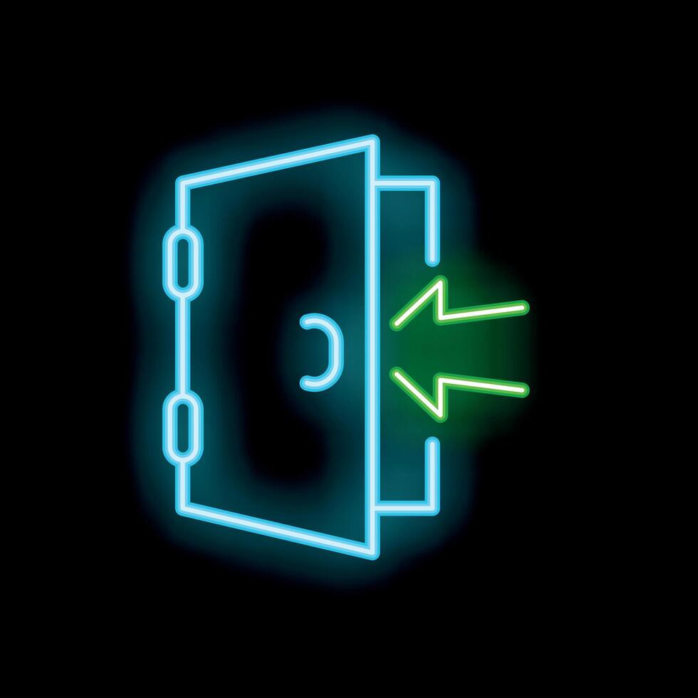 Neon door opening with green arrows on black background vector