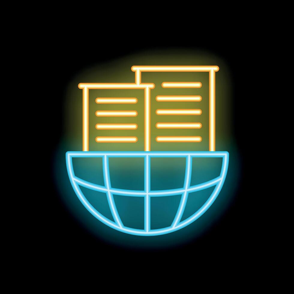 Neon icon of buildings encapsulated by a globe representing global business vector