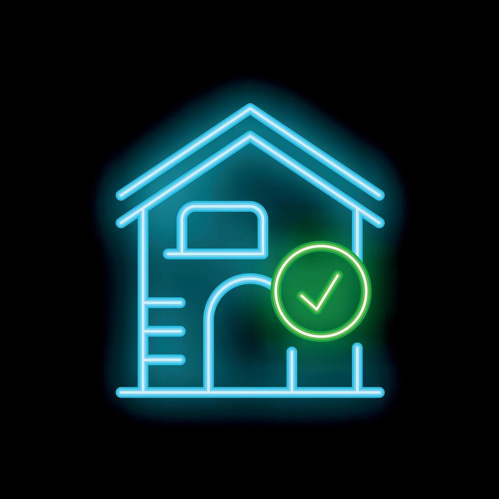 Neon icon of a house receiving a positive check mark symbol vector