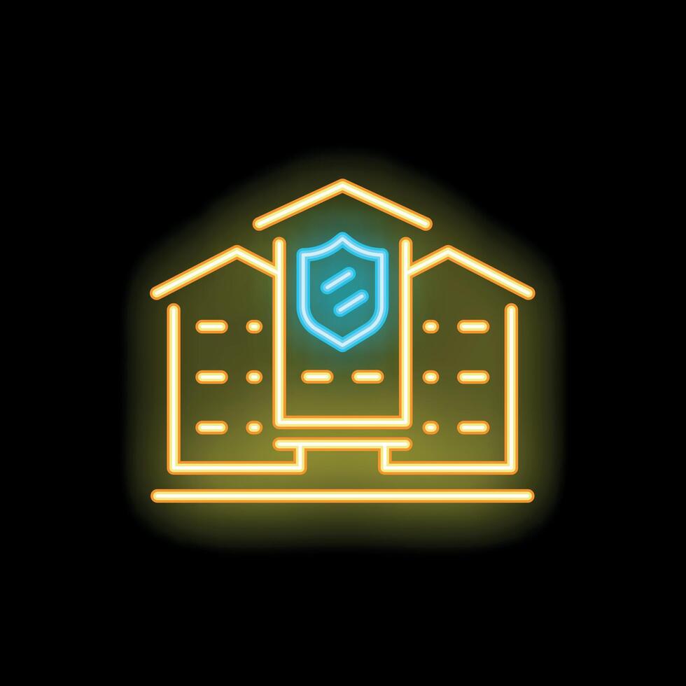 Neon icon of buildings being protected by a shield vector