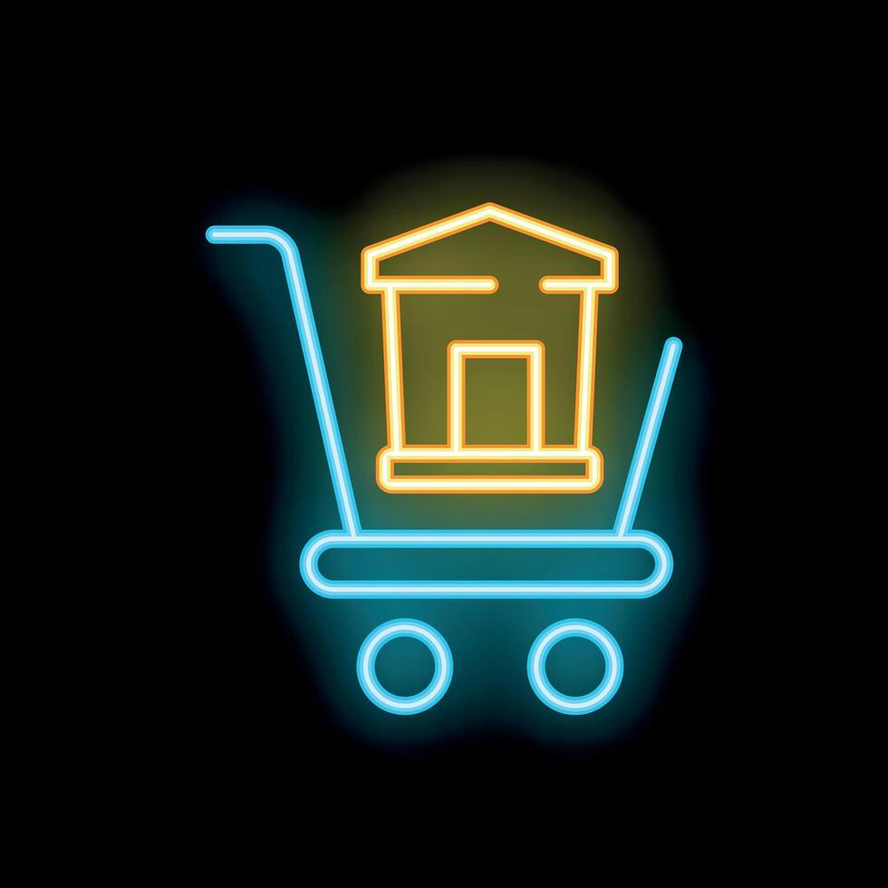Neon shopping cart holding a tiny house symbolizing real estate market trends vector