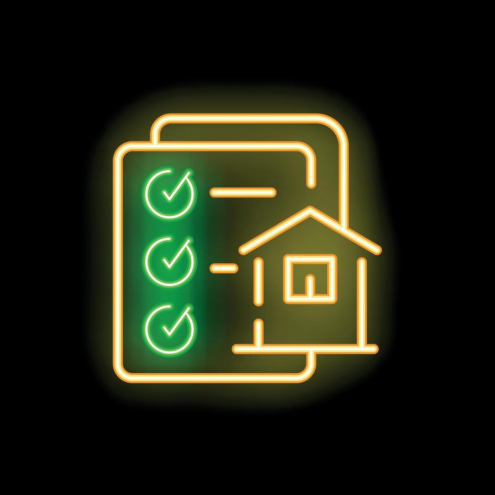 Neon icon of house on checklist representing real estate market vector